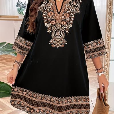 TEMU Size Elegant European Dress, V-neck Women's Fashion Print Dress, Polyester, Machine Washable, Spring Summer Autumn Image