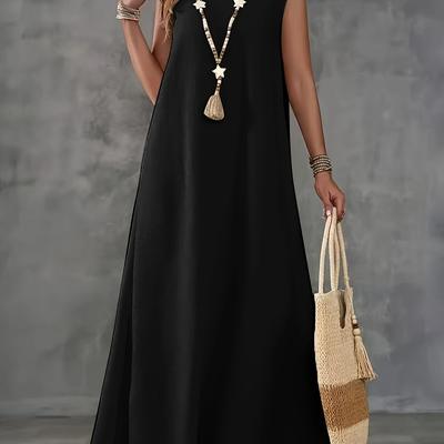 TEMU Women's Elegant Black V-neck A-line Dress - Machine Washable, Versatile Long Sleeve Solid Color Dress For Casual & Formal Occasions, Long Sleeve Dresses, No Stretch Fabric Image