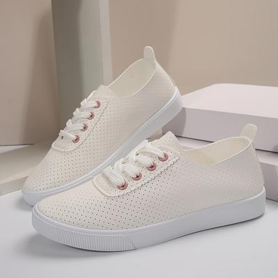 TEMU Women's Casual White Sneakers - , Lace-up, Rubber Sole, Synthetic Upper, Comfortable Walking Shoes, Casual Footwear | Laceup Sneakers | Rubber Sole Shoes Image