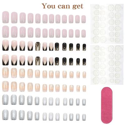 TEMU A Set Of 96 Medium-length Mixed -on Fake Nails, Featuring Stunning Full-cover French Nails With Golden And Silvery Glitter Gradients, Women And Girls As Shiny Nail Decorations. Image