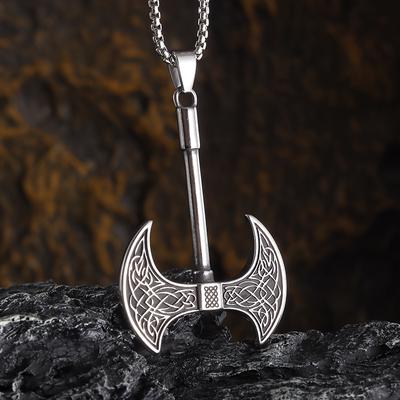 TEMU 1pc Retro Celtic Knot Axe Pendant Necklace For - Stylish Alloy Jewelry With Intricate Design, Edgy Casual Fashion Accessory, Perfect Gift For Casual Attire Image