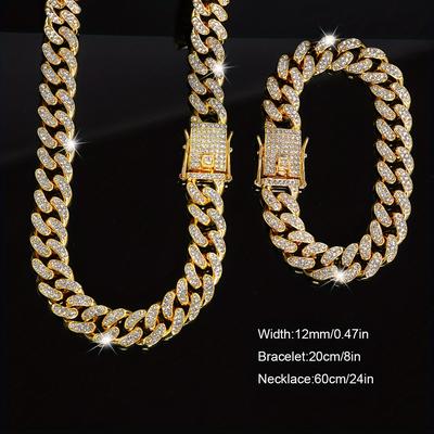TEMU 2pcs/set Exquisite Cuban Link Chain Necklace Plus Bracelet,unisex Hip Hop Jewelry, Men Jewelry Set,perfect Gift For Son/ Father's Day Image