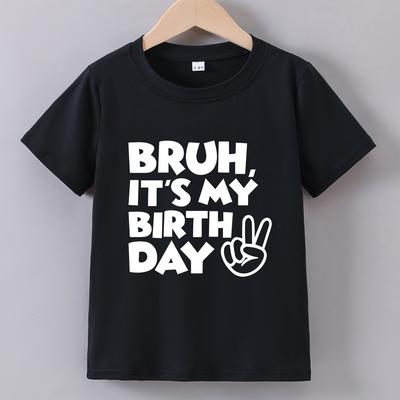 "TEMU Boys' Summer Short Sleeve ""brother, Today' Birthday"" Print T-shirt"