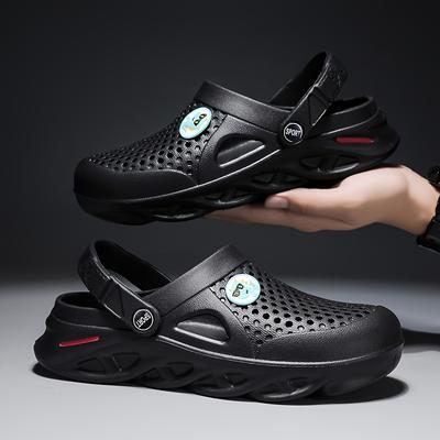TEMU Men's Slip-on Open-toe Sandals - Lightweight Eva Breathable Perforated Design, Black With Blue Accents - Summer Outdoor Garden Sports Casual Shoes, Streetstyle Footwear | Durable Traction Sole