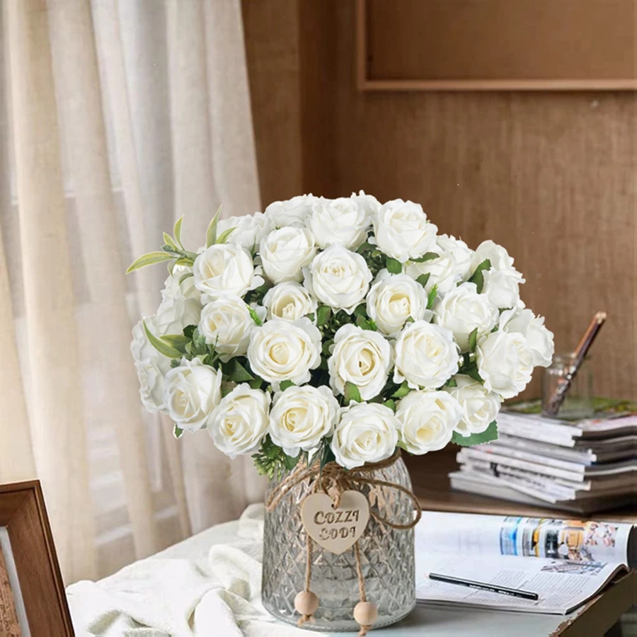 Artificial Flower Ten Head Silk White Rose Bundle Scrapbook Valentine Wedding Outdoor Garden Party Room Vase Table Decoration