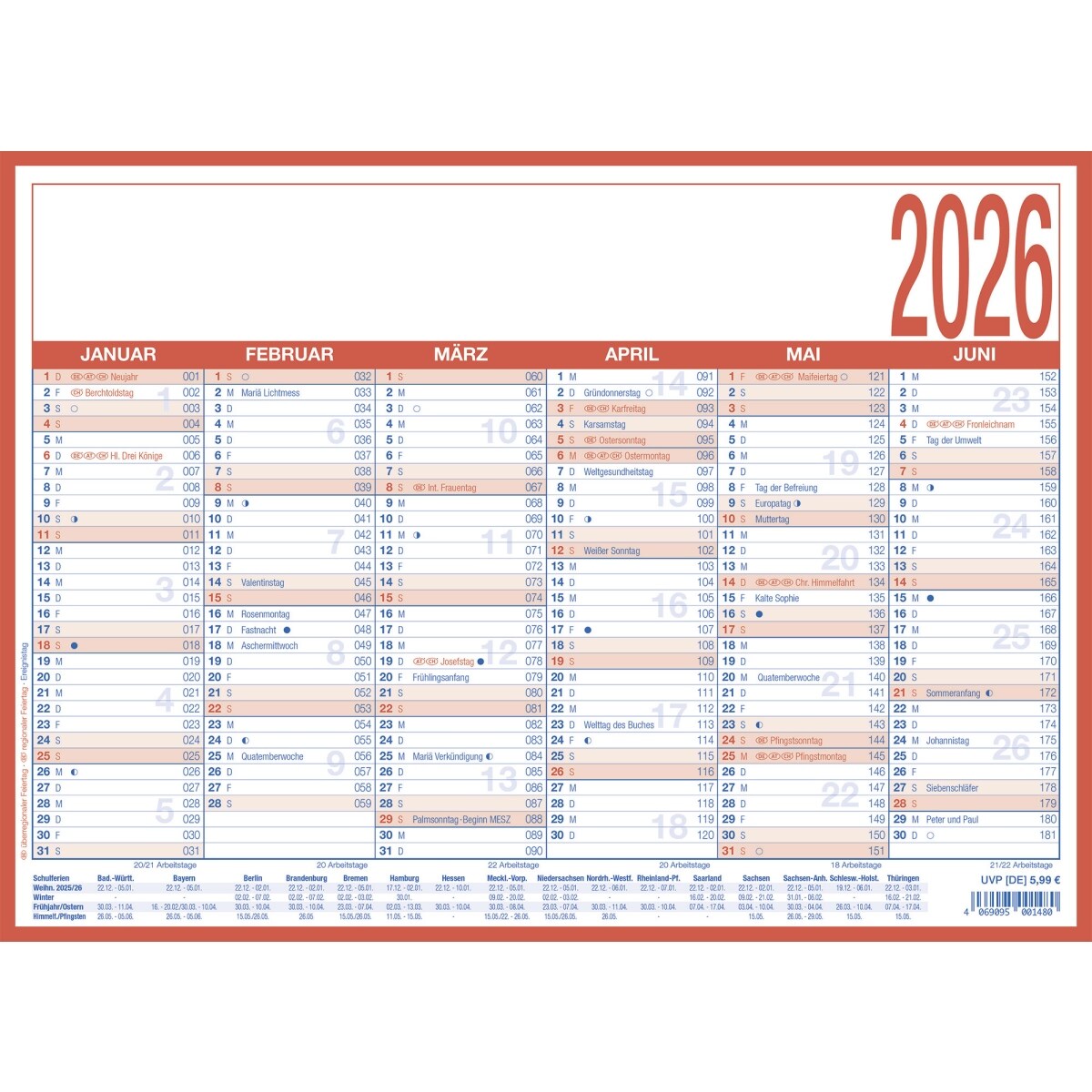 ZETTLER Arbeitstagekalender 908 kaschiert A4 29,7x21cm 2026 Image