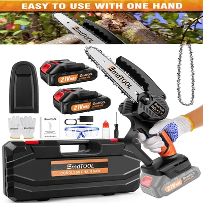 6-inch Cordless Chainsaw,with 2 battery 30-45 Minutes Working time(with 2 Chains),for Cutting Wood/Trimming Gardens,Orange Black