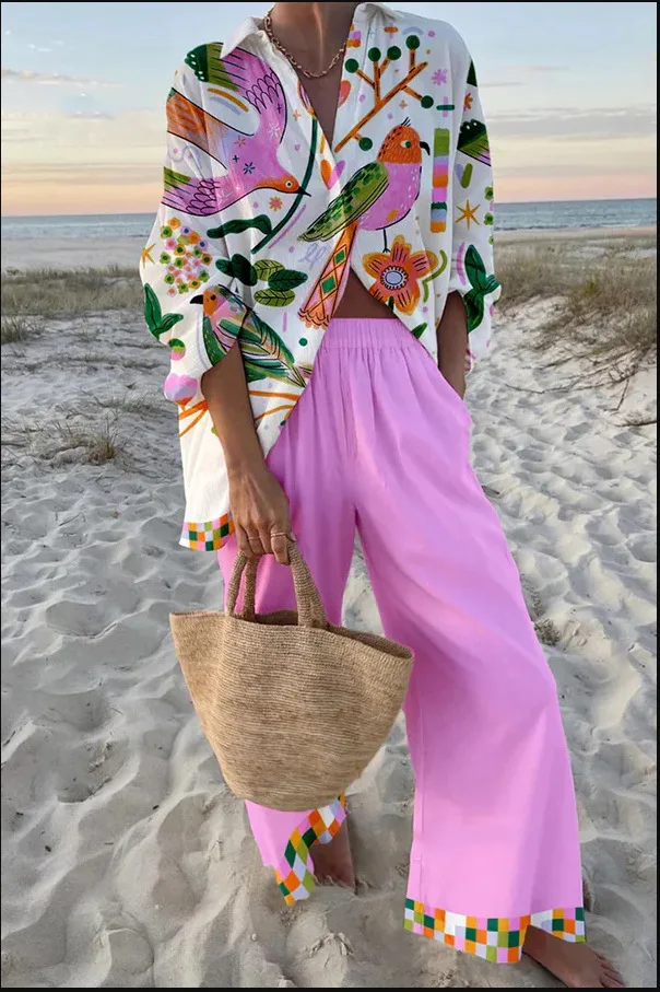 Neuer zweiteiliger Strandanzug für Damen, langärmelige Hose, Revershemd mit elastischer Taille, Hose mit weitem Bein, modischer, lässiger Heimanzug Image