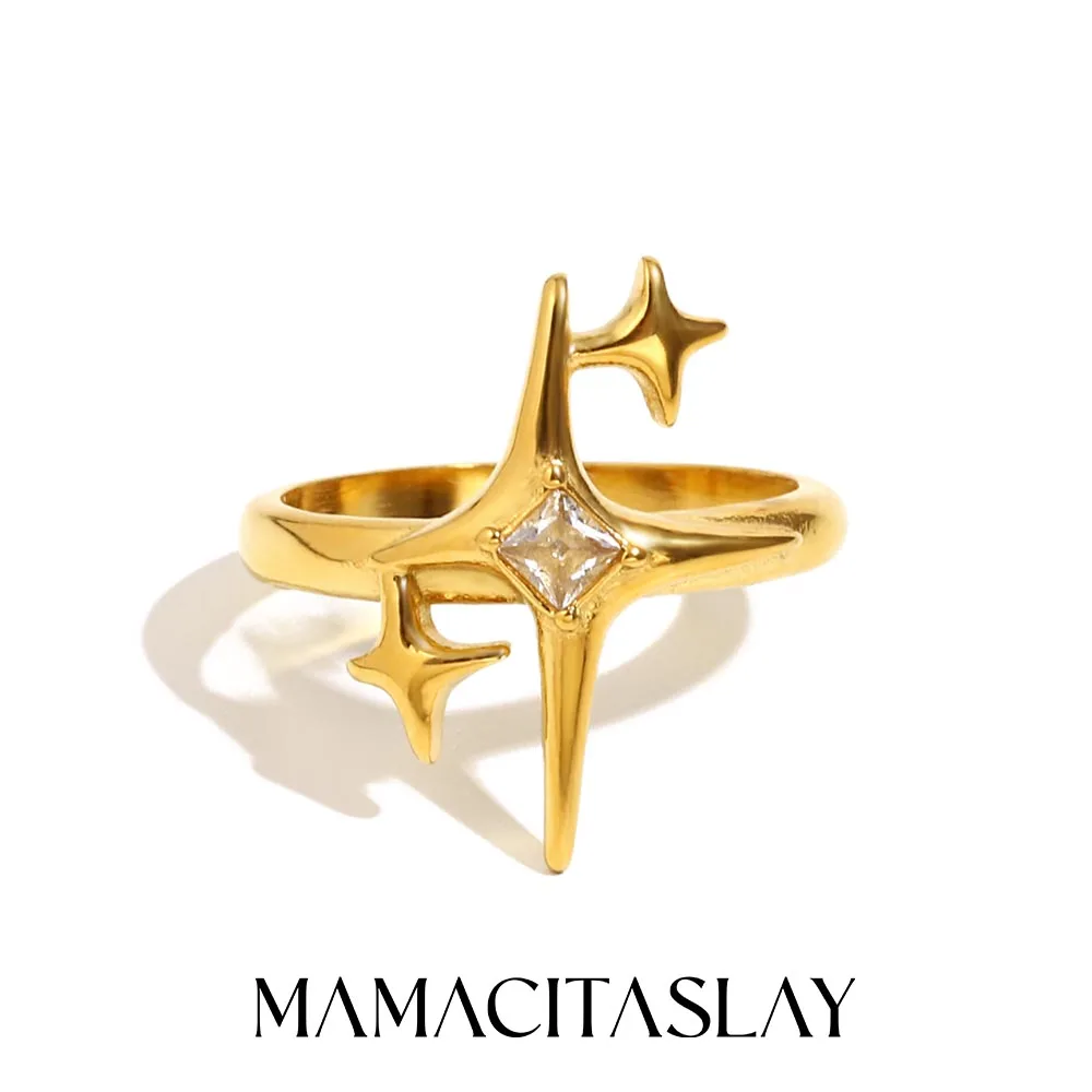 MamacitaSlay Einzigartiger cooler Stern-Zirkon-Ring aus 316L-Edelstahl, Party, wasserdicht, 18 Karat vergoldet, Schmuck, Damen-Charm, Geschenk 2025 Image