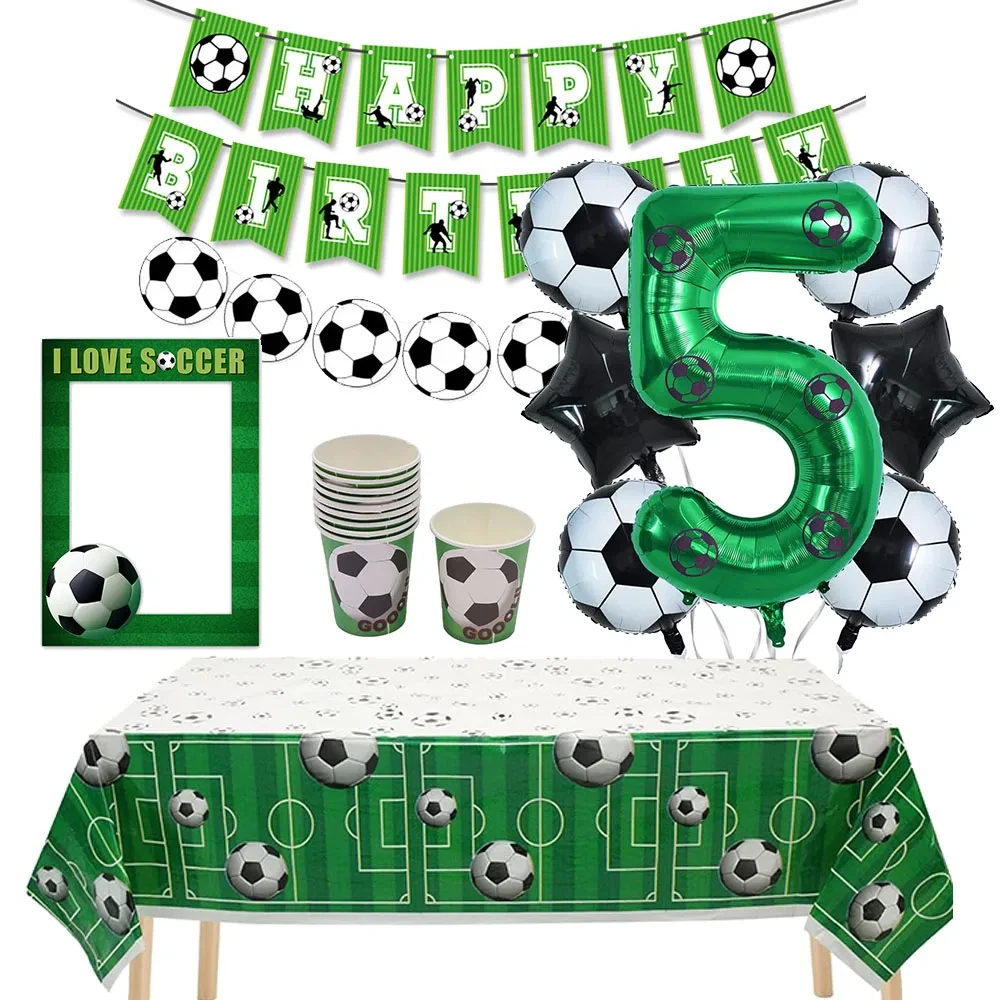 Fußball-Dekorationen zum 5. und 6. Geburtstag, Luftballons, Banner, Tischdecke, Tassen, Fußball, Sportthema, Partyzubehör zum 10. und 12. Geburtstag, Gastgeschenke Image
