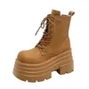 Luxus Designer Frauen Hohe Plattform Gothic Leder Punk Schuhe Weibliche Knöchel Kurze Kampf Stiefel Keil Heels Chunky Motorrad Boot
