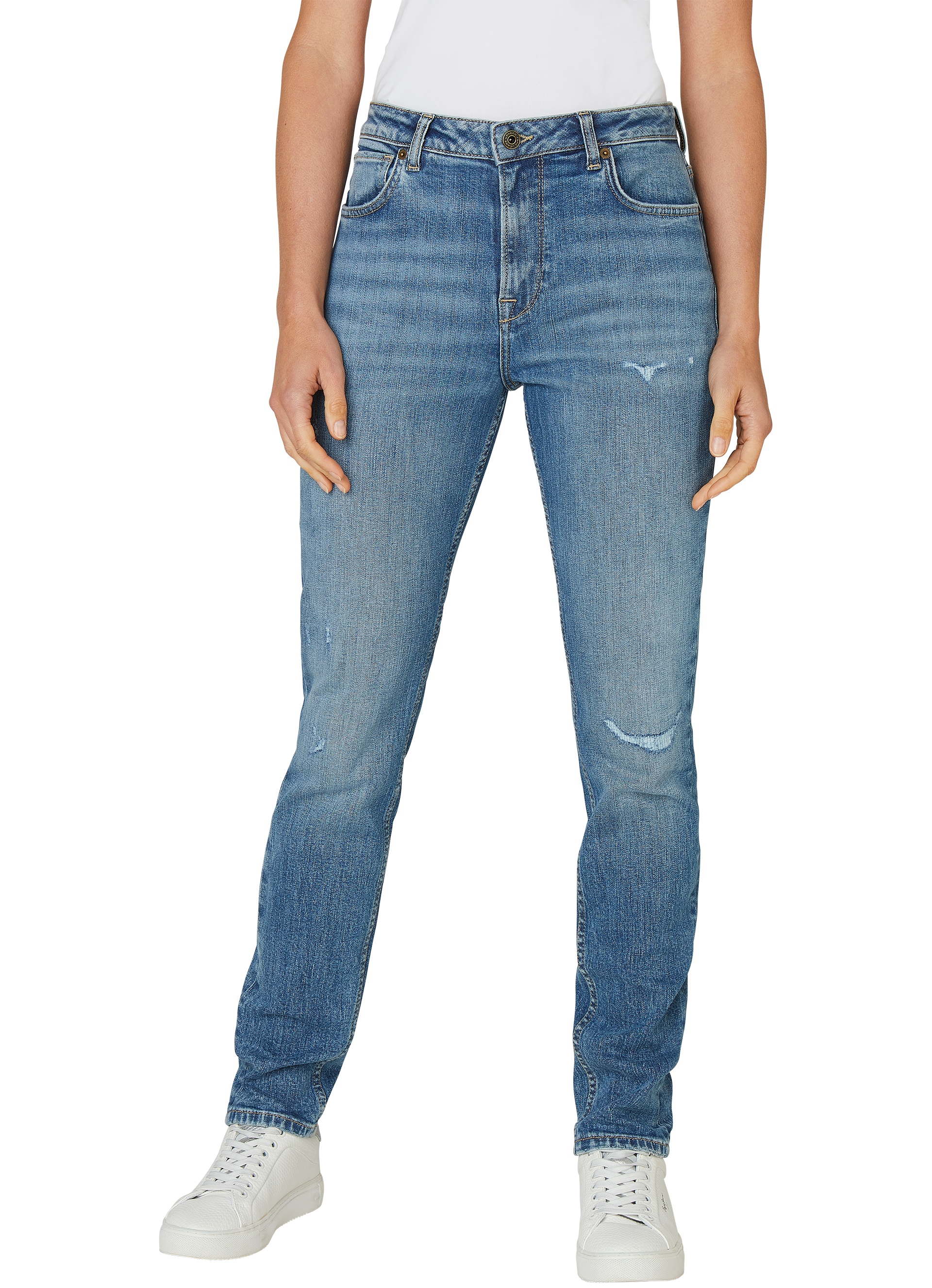 High-waist-Jeans PEPE JEANS "TAPERED JEANS HW", Damen, Gr. 28, Länge 32, light destroyed blau, Denim/Jeans, Obermaterial: 99% Baumwolle, 1% Elasthan, Destroyed-Effekte, gerade, unten schmal lang, Jeans High-Waist-Jeans
