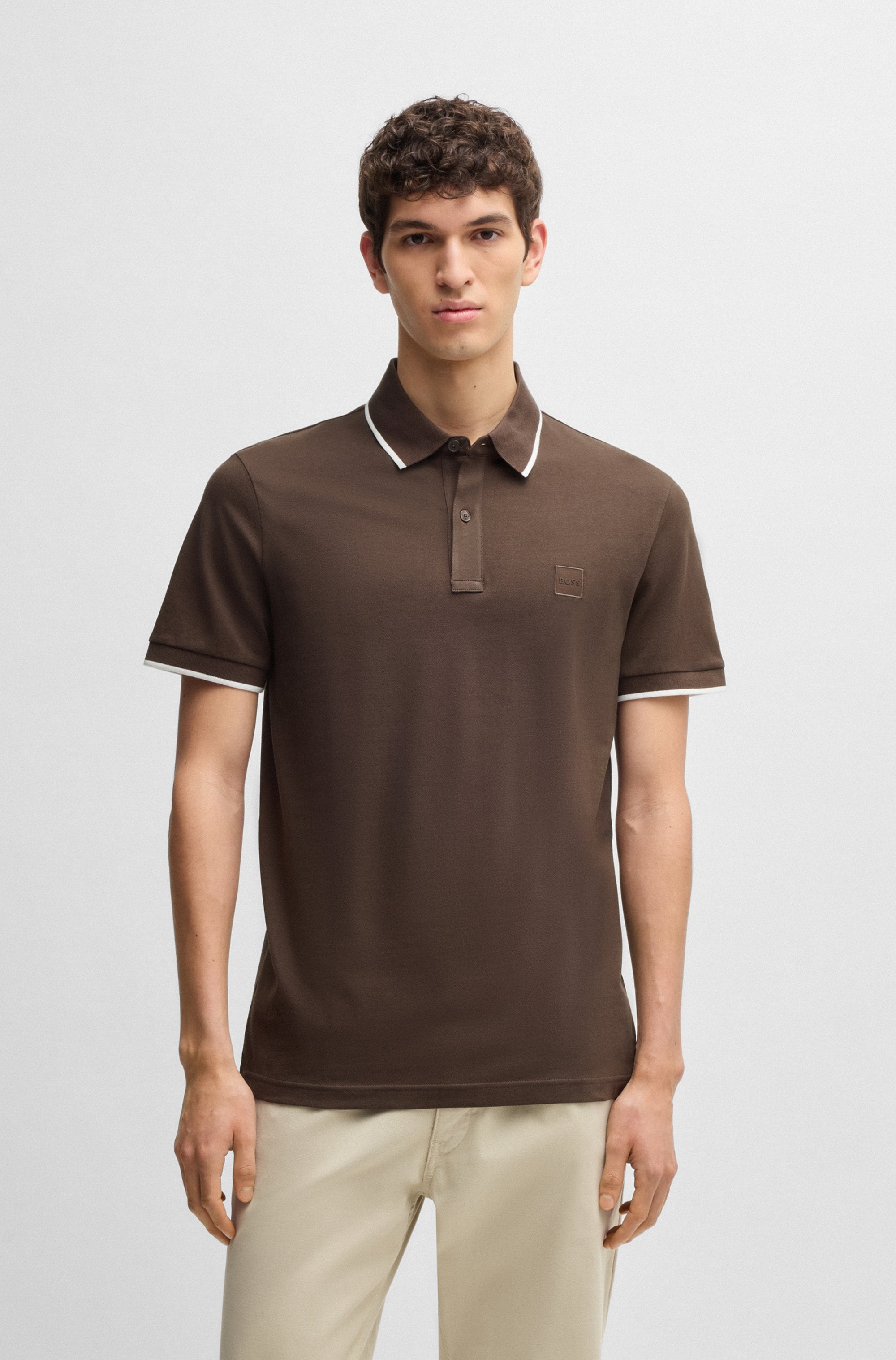 Poloshirt BOSS ORANGE "Passertip", Herren, Gr. S, braun (open braun248), Piqué, Obermaterial: 95% Baumwolle, 5% Elasthan, unifarben, slim fit hüftbedeckend, V-Ausschnitt, eingesetzt Bündchen, Shirts, mit BOSS Logo-Badge