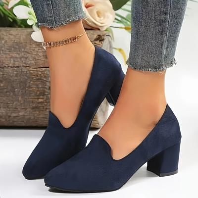 TEMU Women's Navy Blue Pointed-toe Block Heel Pumps - Upper & Durable Rubber Sole For Casual & Formal Occasions Image