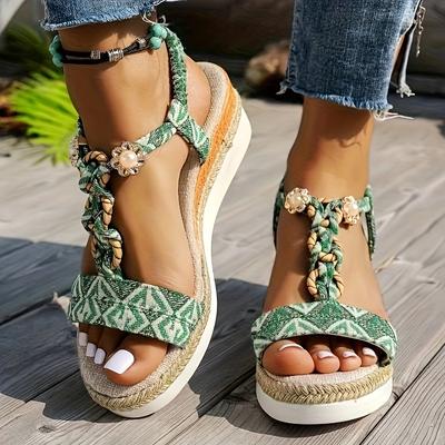 TEMU Boho Chic Women's Wedge Sandals - Open Toe, Slip-on Platform Heel With Floral Accent, Green And White Braided Design, Comfortable Summer , Strappy Sandals Image