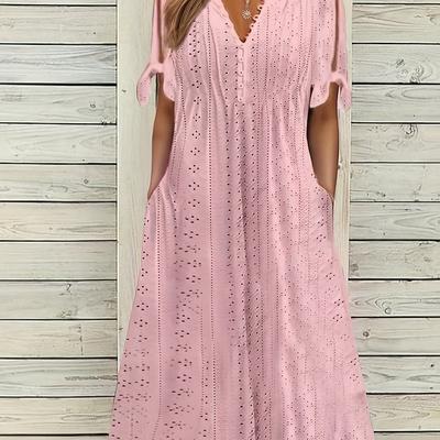TEMU Women's Casual Dress Summer Pleated Dress Solid Color V-neck Mid-length Fashionable Elegant Loose Fit Short Sleeve White Spring/summer Ll169 Image