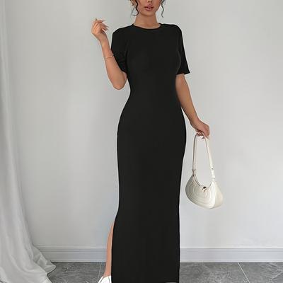 TEMU Women's Elegant Black Maxi Dress With High Slit - Short Sleeve, Round Neck, Solid Color, Stretchy Polyester Blend, , Casual Elegant Attire | Stylish Long Dress | Comfortable Fi Image