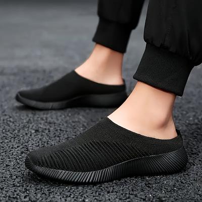 TEMU Women's Lightweight Slip-on Mesh Sneakers - Black Casual Loafers With Soft Sole, Breathable Fabric Lining, Image