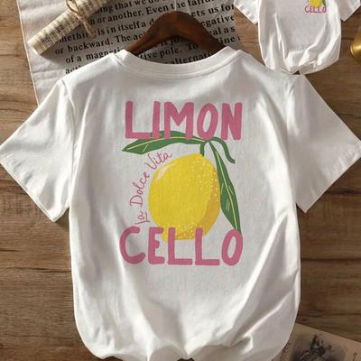TEMU Women's Casual Lemon & Graphic Tee - Short Sleeve, Round Neck, Light Blue With Yellow & , Fit, Top, Casual Wear| Print| Image