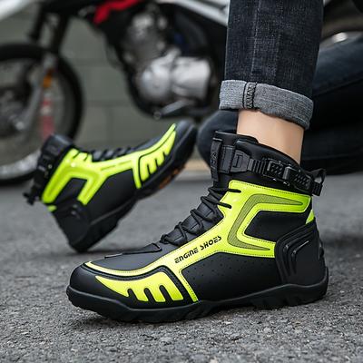 TEMU Men's Motorcycle Boots With Hook And Loop Fasteners, Durable Microfiber Synthetic, Black And Neon Yellow , Men's Off-road Racing Shoes Image