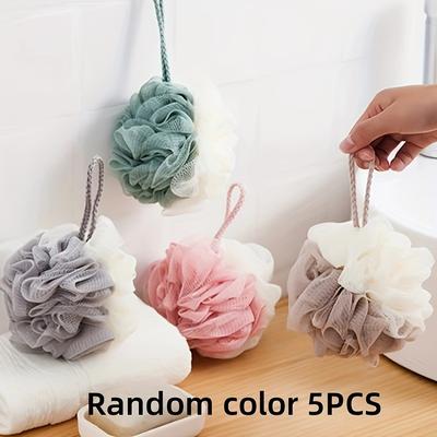TEMU 5pcs Set Of Soft Bath Sponges With Rope Handles, Shower Stools, Exfoliating Body Washing Balls, Bathroom Accessories Image