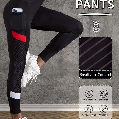 TEMU Women's Pants With Pockets - Breathable, High-stretch Fabric For Yoga, Running, And Cycling - Stylish Red And White Accents, Athletic Wear|stylish Yoga Pants|stretchable Fabric Image