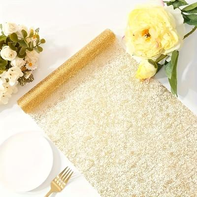 TEMU 1pc Golden Mesh Glitter Table Runner - Polyester Rectangular Table Decor For Dining Room, Living Room, Office, Christmas, New Year, Day, Weddings, And Outdoor Banquets, Table Decorations Image