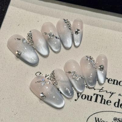TEMU 10pcs Luxury French Almond Shape Long Fake Nails - Grey- Glitter With Rhinestone Accents, Premium Glossy Finish Press-on Nails For Weddings, Parties, Special Occasions, Almond Shaped Nails Image