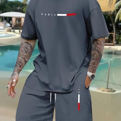 "TEMU Men's Casual 3d Print "paris" Graphic T-shirt & Shorts Set - Blue, Breathable Polyester, Summer Streetwear With Adjustable Drawstring Waist, Casual Attire|graphic Print Shorts|polyester Fabric" Image