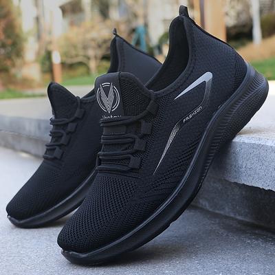 TEMU Men's Breathable Knit Training Sneakers - Low-top Lace-up Sneakers With Eva Sole, Black, Lightweight & Comfortable For Casual Or Active Wear, Breathable Sports Shoes | Modern Lowtop Sneakers | Image
