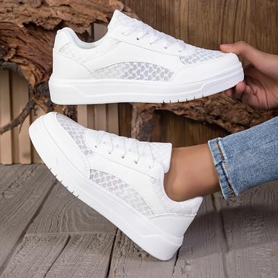 TEMU Women's Summer Breathable Casual Sneakers - Lightweight Non-slip Eva Sole, Soft Cushioned , White Low-top Lace-up Round Toe Net Fabric Shoes For Casual Attire Image
