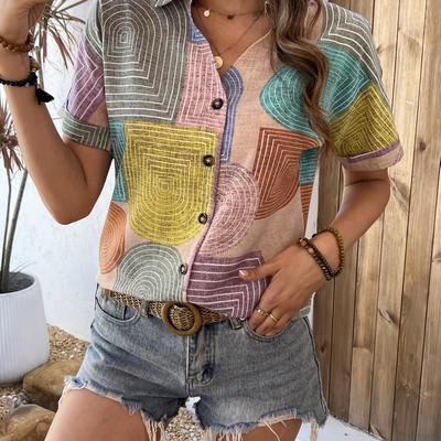 TEMU Print Short Sleeve Blouse For Women - Casual Collared Shirt With Button Front, Breathable Polyester, Spring/fall Image