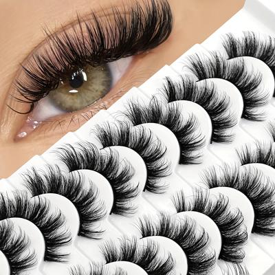 TEMU 10 Pairs Of Fluffy Cat-eye False Eyelashes, C-, 10-18mm Length, Thickened Extension, Reusable, Beginner-friendly, Travel Size Makeup Tool, Jieshm Image