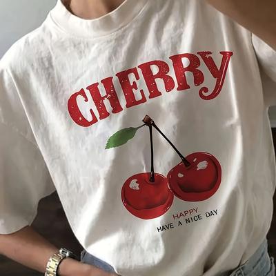 TEMU Women's Casual Crew Neck Short Sleeve T-shirt With Cherry & Letter Print, Polyester Knit Fabric, Regular Length - Spring/summer/fall Fashion Top, Cherry Themed Items Image