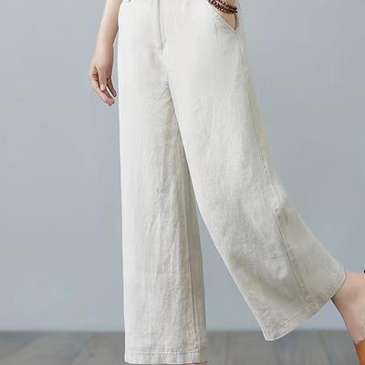 TEMU Women's Vintage-inspired Wide-leg Cropped Pants - High-waist, Loose Fit, Light Beige, Button Detail, Summer , Casual Summer Wear|vintageinspired Design|lightweight Fabric Image