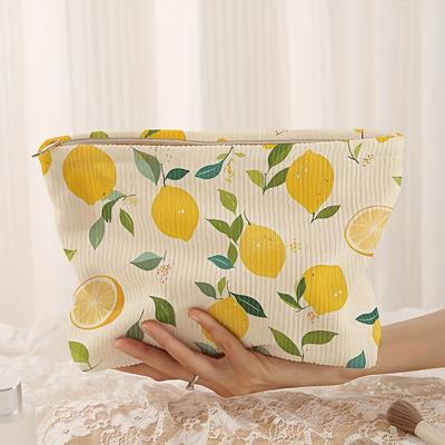 TEMU Lemon Pattern Printed Corduroy Makeup Bag - Lightweight Zipper Lined Makeup Bag, Multifunctional Makeup Storage, Suitable For Toiletries And Accessories, Suitable For Men And Image