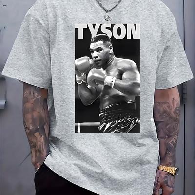"TEMU Men' "" Graphic Boxing Tee - Casual Crew Neck Short Sleeve T-shirt With Fighter Print, , Casual Wear Tee | Fighter Print Shirt | , Boxing Tee" Image