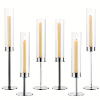 TEMU 3pcs/6pcs Elegant Vintage Candle Holder Set For Wedding Decor, Hurricane Candelabra With Clear Glass Cylinder And Floral Candlesticks, Wedding Party Accessories - Color: No Candles Included Image