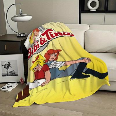 TEMU Bibitina-style Bbi & Tina Cartoon Print Flannel Blanket - 100% Polyester, 250-300gsm Soft Throw For Sofa, Bed, Office & Travel - Perfect Gift For Cartoon Fans & Retro Nostalgia Lovers Image