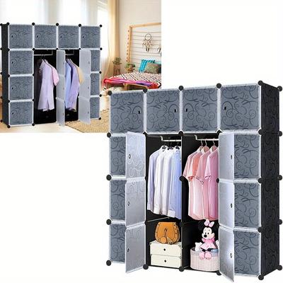 TEMU Wardrobe, Diy Shelf System, Storage Cabinet, Pp Plastic With Door, Wardrobe Cabinet, Water And Dustproof For Bedroom, Bathroom (16 Boxes With Door, Black) Image