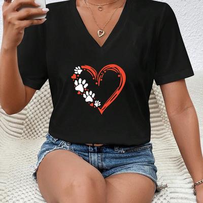 TEMU Women's Casual V-neck T-shirt With Heart & Paw Print - Lightweight, Breathable Short Sleeve Tee, Casual Attire, Spring/summer/fall, Casual Wear Tee | Relaxed Fit Tee | Constructio Image