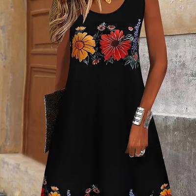 TEMU Women's Plus Size Floral Print Sleeveless Dress - Black With Colorful Flowers, Round Neck, Casual Dress, Casual Summer Dress | Floral Print Dress | Sleeveless Fashion, Plus Size Dress Image