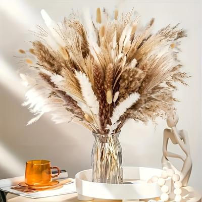 TEMU 147pcs Boho Chic Dried Pampas Grass Decor - , Brown & White Pampas With Bunny Tails For Wedding, Home Table, And Spring Decorations Image