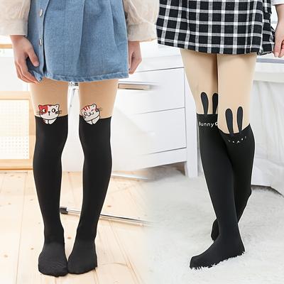 TEMU 2-pack Girls' Knee-high Socks With Cute Cartoon Bear & Rabbit Patterns - Black & White Stretchy Nylon-spandex Blend For , Hand Wash Only, 12 Years & Under Image