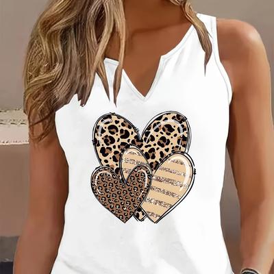 "TEMU Women's Plus Size Casual V-neck Tank Top With Leopard Print & "love" Graphic Design - Sleeveless, Stretchy Fabric, , Plus Size Tank Tops" Image