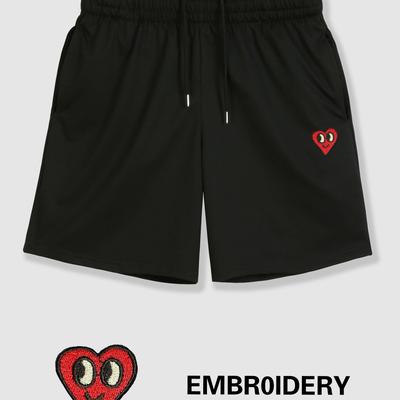 TEMU Best-selling Men's Embroidered Heart Series Unisex Shorts With Texture, Sweat-wicking And Breathable, Comfortable Hip-hop Rock Shorts, Cute Pants For Lovers. Image