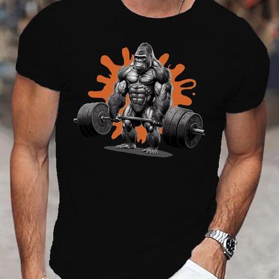 TEMU Muscular Gorilla Lifting Barbell Print Tee Shirt, Tees For Men, Casual Short Sleeve T-shirt For Summer Image
