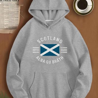 TEMU Plus Size Men's Graphic Hooded Sweatshirt - Vibrant Red Relaxed Fit Pullover With Scotland Text & Design, Machine Washable Casual Streetwear, Nonstretch Fabric, Plus Size Image