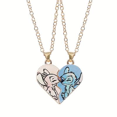 TEMU & Stitch Heart Pendant Necklace - Alloy, Synthetic Stone, No Plating, Iron Pendant, Daily Occasion, Gift For Couples, Halloween & Thanksgiving, Halloween Gift| Design| Alloy, Stitch Image