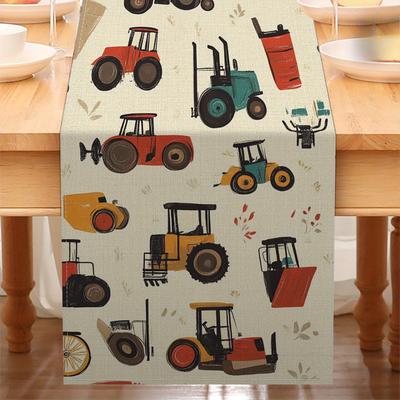 TEMU 1pc Cartoon Tractor Pattern Table Runner - Red, Blue, Yellow & , Polyester, Holiday Parties & Home Decor Image